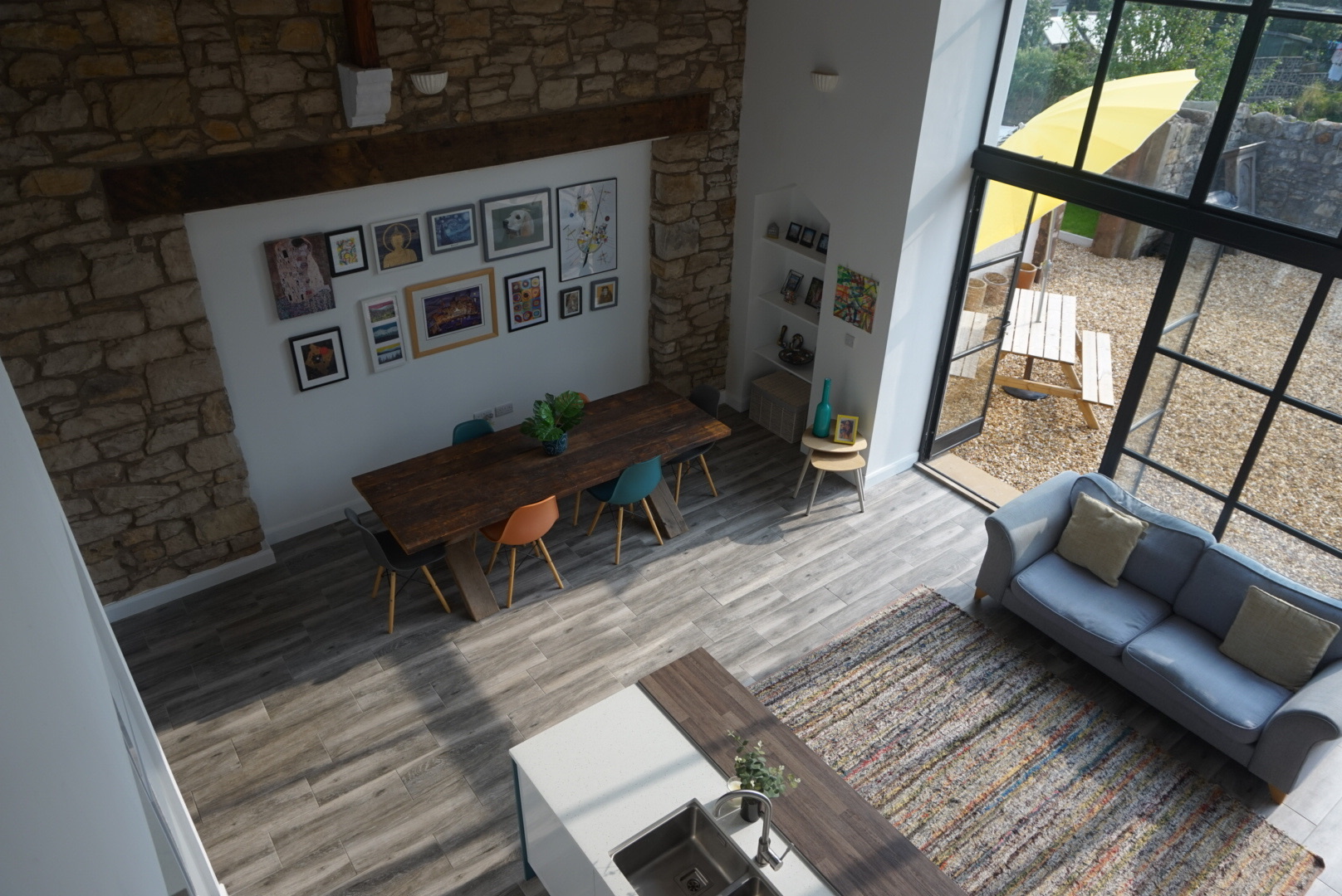 Red Raven Design project — barn conversion dining area, aerial view