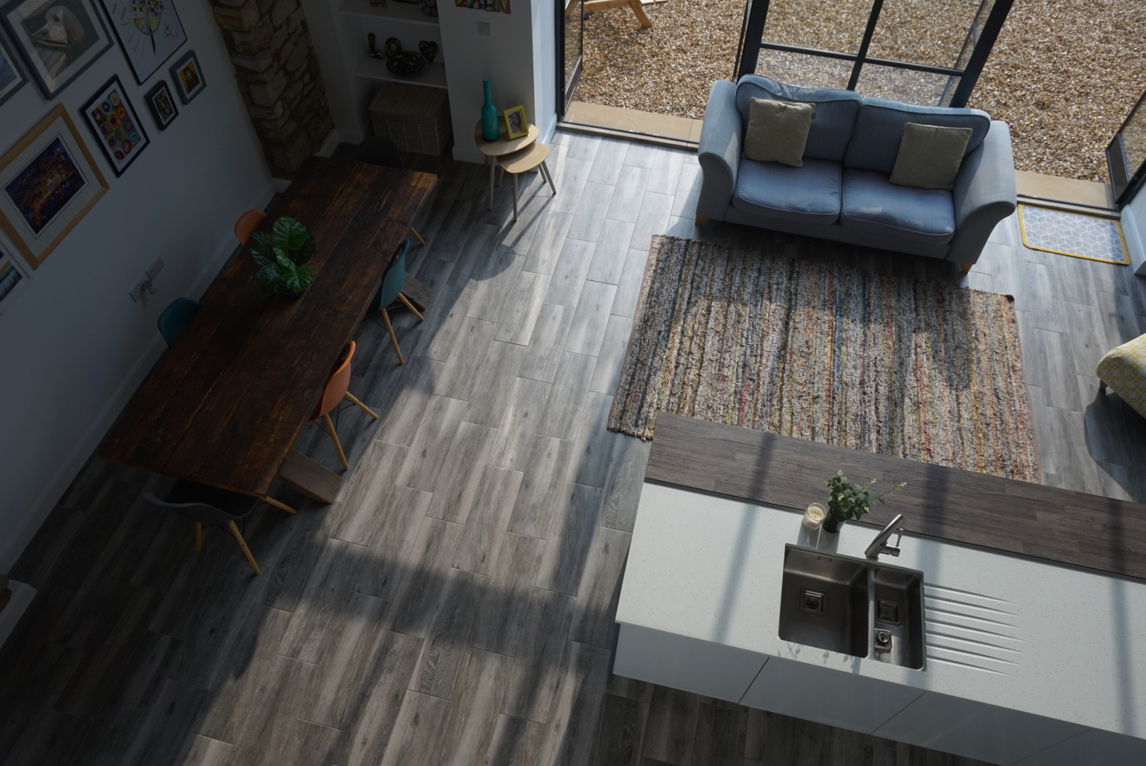 Red Raven Design project — barn conversion living space, aerial view
